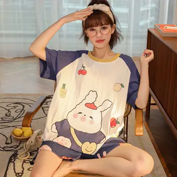 Pijama Seturi Pentru Femei Print Design Artistic Popular Uzura Acasă Kawaii Body Stil Coreean De Vară Elegant Rotund Gat Noapte De Sex Feminin