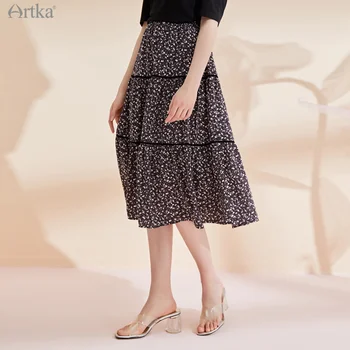ARTKA 2021 Primăvară Nouă Femei Fusta de Moda de Talie Mare Print Floral Fuste a-Line Elastic Talie Șifon Lung Negru Fuste QA28012C