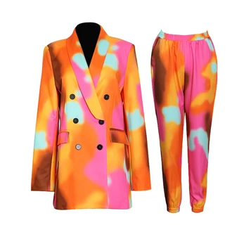 TWOTWINSTYLE Lovit Casual, de Culoare Set Pentru Femei Dintata Blazer cu Maneca Lunga Print Pantaloni Tie Dye Seturi de Moda de sex Feminin Haine Noi 2021