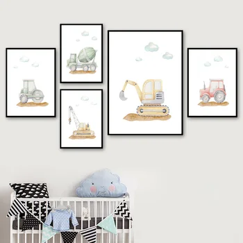 Desene Animate Vehicul De Construcție Băiat Pepinieră Arta De Perete Panza Pictura Nordică Postere Si Printuri Poze De Perete Copilul Decor Camera Pentru Copii