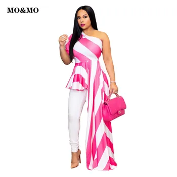 MO&MO-2021 noua moda diagonală umăr tricou cu dungi rochie de rochie