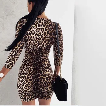 Femei Leopard Creion Rochie cu Maneca Lunga V-gât Adânc de Imprimare Vestidos 2020 Toamna Iarna Moda Skinny, Rochii Mini Sexy Pentru Femei