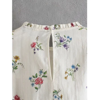 ZA New Retro Floral de Imprimare Bluza Femei, O-Neck Loose Maneca Lunga Talie Înaltă Tricouri Scurte Zburli decor Topuri Casual