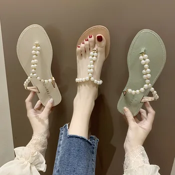 Stralucitoare Boho Pantofi de Moda Boemia Perla Sandale Femei T-strap Thong Flip-Flops, Papuci de casă A176 2021 NOI de Vara Casual Plajă Dulce