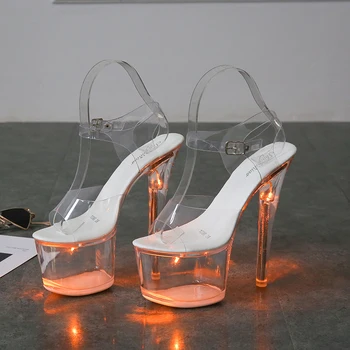 Voesnees Stripteuză Tocuri Femei Sclipici Pantofi Sandale Clar Toc emițătoare de Lumină PVC Platforma Lumina Catarama Curea Tocuri foarte inalte