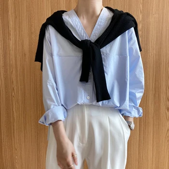 CHICEVER Alb Camasa Casual Pentru Femei V-Neck Maneca Lunga Mozaic Buzunare Minimalist Solid Bluze Feminine 2021 Îmbrăcăminte de Modă