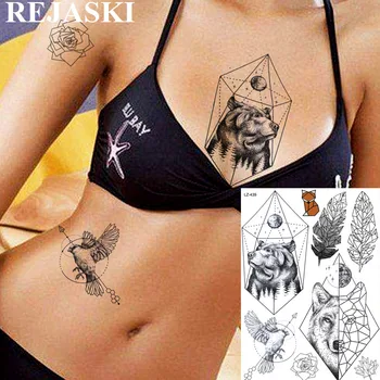 REJASKI Rece Geometrice Urs Pene Tatuaje Temporare Pentru Femei Barbati Autocolant Lup Diamond Rose Negru Artă Tatuaj Fals Tatuaje Foaie