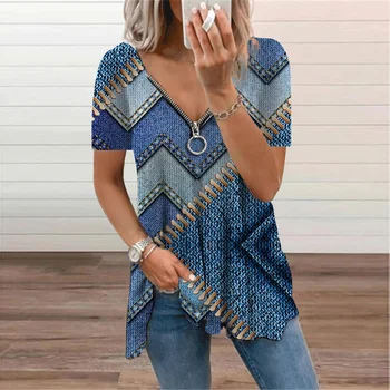 Fermoar Doamnelor T-Shirt Supradimensionate Print Short Sleeve V-Neck Top Tee 2021 Vara Noi Femei Îmbrăcăminte Casual Pulover Vrac Tunica