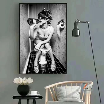 Nordic sexy fată care stătea pe toaletă panza poster și tipărite arta de perete pictura bar acasă decor pictura