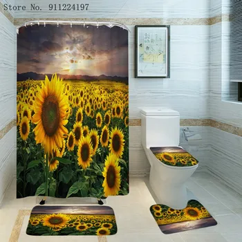 Flori, Perdele de Duș Set 4 Piese Non Alunecare 3D de Floarea-soarelui Imprimare Poliester Toaletă Capac Mat rezistent la apa de Baie, Perdele de Dus