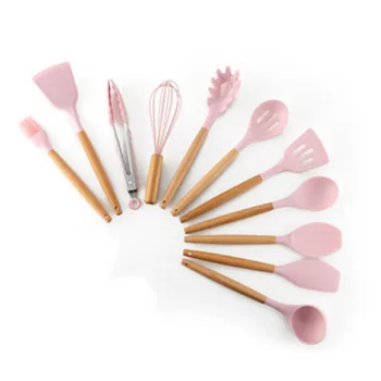 11-bucată non-stick spatulă bucătărie, ustensile de gătit set Multi-color de stocare butoaie din lemn mâner de silicon ustensile de bucătărie