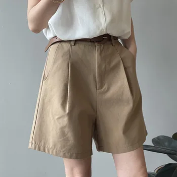 Bumbac, Talie Mare Libertate Costume Pentru Femei Pantaloni Scurți De Vară 2021 Fermoar Solid Direct Casual Largi Picior Cutat Pantaloni Scurți Cu Curea