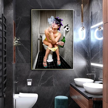 Modern toaletă sexy femeie panza pictura, gravura bara fata fumat si de baut baie arta de perete imagine poster decor