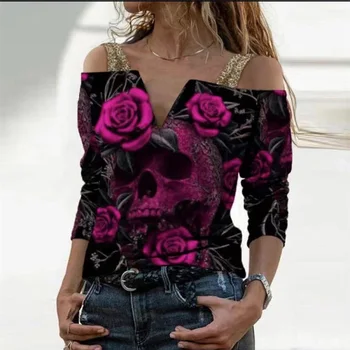 2021 Nou Print Vintage Maneca Lunga T-Shirt Femei Sexy Sling V-Neck De Pe Umăr Topuri Elegante De Trandafir Model De Tricou Streetwear