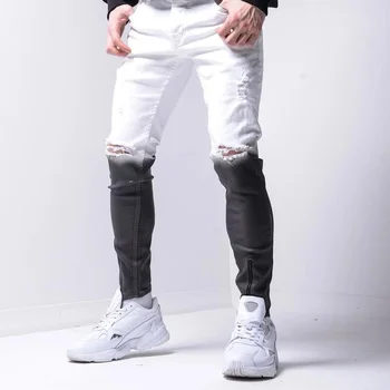 Moda Barbati Skinny Stretch Rupt de sex Masculin Blugi Slim Fit Pantaloni din Denim 2021 Noi Streetwear Gradient Alb-Negru Casual Blugi Barbati