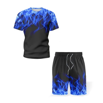 2021 vară bărbați cu mânecă scurtă 3D flacără T-shirt seturi de sport topuri de imprimare digitală de îmbrăcăminte pentru bărbați + pantaloni scurți