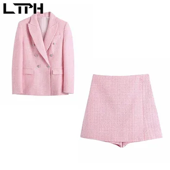 LTPH Carouri Roz de calitate Costume Femei 2 Piese Set Sacou Casual pantaloni Scurți de Înaltă Talie Fuste Vintage se Potriveste 2021 Primăvara anului Nou