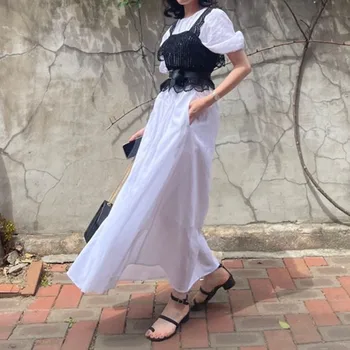 2021 Vara Noua Moda coreeană Vacanta Vrac Casual pentru Femei Rochie de Culoare Solidă Gât Rotund Lantern Maneca Simplitate Temperament