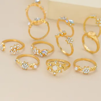 13 Buc/Set Boem Aur Floare de Cristal Dragoste Inima Set Inele Imitație Pearl Bijuterie Deschis Petrecere Inele pentru Femei Cadouri Bijuterii