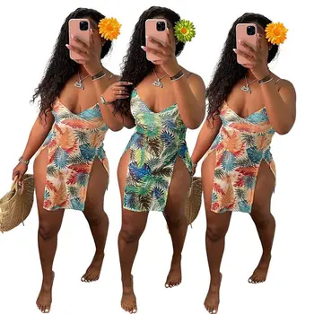 ZOOEFFBB Sexy V-Neck Estetice Print Curea Rochie de Vacanță Utilaje pentru 2021 pentru Femei de Moda de Îmbrăcăminte de Vară Casual Rochie Mini Split