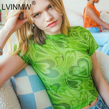 LVINMW Transparent Slim Echipajul Gât Maneci Scurte Femeie Tricouri de Dragoste Imprimate Casual Buric de Moda Topuri Fete de Imprimare Y2K Culturilor Sus