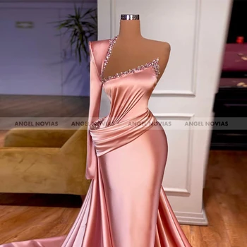 ANGEL NOVIAS Mâneci Lungi Sirena Roz arabă Rochie de Seara 2021 cu Cristale Margele Abaya Dubai Vestido De Fiesta De Boda