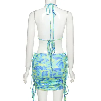Adogirl Vară Două Bucata Set Femei Culturilor Sus + Ruched Cordon Fusta Mini Set De Moda Haine De Potrivire Beachwear 2021
