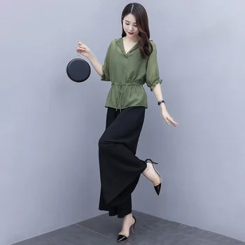 Vara 2 Seturi De Piese Pentru Femei Plus Dimensiune Verde Cu Maneci Scurte Sus + De Înaltă Talie Pantaloni Largi Picior Costume Coreean Femei Set Femme Y117