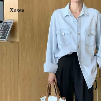 Femei de Moda coreeană Femei Denim Lung Liber Tricou Femei Rever Guler Maneca Lunga Tricou Femei, Tricou Casual Sacou
