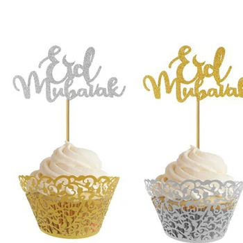3/5/7pcs Aur, Argint Sclipici Eid Mubarak Cupcake Toppers Ramadan EID Festival Bunting Islamice Musulmane Mubarak Decor Petrecere