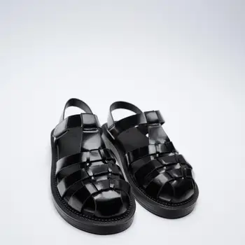 Meotina Femei Sandale 2021 Gladiator Pantofi Rotund-Deget De La Picior Plat Sandale T-Strap Design De Brand Doamnelor Încălțăminte Negru 40