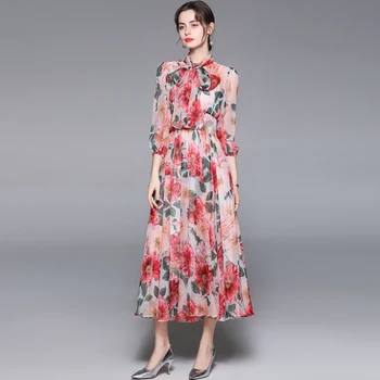 2021 Vara Nou Designer de Moda Pistei Femeie Rochie Midi Arc guler Floral-Print Bohemia Vacanță Elegant de Partid Șifon rochii in toate culorile curcubeului