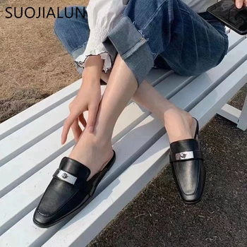 SUOJIALUN 2021 Brand Designer de Femei Papuci de casă Rotund Toe Slip Pe Catâri Doamnelor Vara Toc Plat Pantofi Casual Britanic Catarama Diapozitive