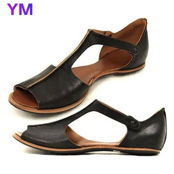 2020 Femeie Sandale de Vară Stil de Moda Plat Pantofi Peep Toe Catarama Curelei Solid de Culoare din Piele PU Sandale Casual Pantofi de Plaja 35-43