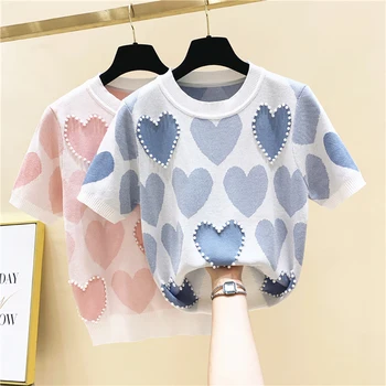 Coreeană Ștrasuri Din Mărgele De Perle Inima De Imprimare Tricotate T-Shirt Femei Casual Largi Liber Maneci Scurte Topuri O-Gât Haine De Vară Pentru Femei