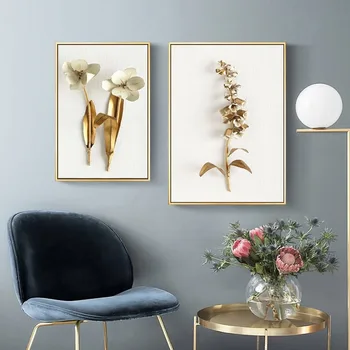 Nordic foaie de aur frunze și flori spray tablou pictura ulei, pictura pictura decorativa poze de perete pentru camera de zi