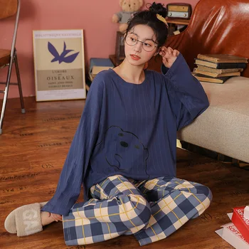 Pijama Seturi Pentru Femei Cu Maneca Lunga De Toamna Carouri Minunat De Desene Animate Imprimate Vrac Moda Confortabil Volane Retro Elegant Casaul Sleepwear
