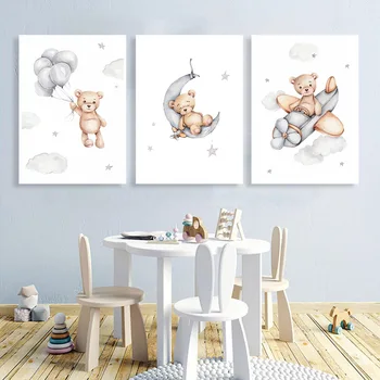 Rezumat Urs Arta De Perete Poster Balon Avion Arta Print Luna Steaua Nor Panza Pictura Nordică Poze Baby Decor Camera Pentru Copii