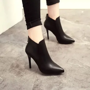 2021Hot Noi Femei Cizme Glezna din Piele PU cu Fermoar Papuceii Tocuri inalte Pantofi de Toamnă Negru Cizme de Iarna Zapatos De Mujer a Subliniat Toe