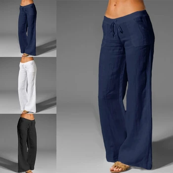 Femei Cordon Elastic Talie Palazzo Lounge Pantaloni Culoare Solidă Largi Picior Umflat Liber Casual Pijama Pantaloni cu Buzunare
