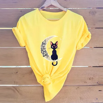 T-Shirt New Moon Cat De Imprimare Femeie Tricou Casual, Din Bumbac Tricou Femei De Sex Feminin Maneca Scurta Vara Mujer Topuri