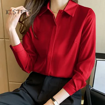 Bluze Din Satin Femei 2021 Doamnă Birou De Lucru Poarte Tricouri Alb-Roșii Femme Blusas Topuri Cu Maneci Lungi Chffon Profesionale Camasi Femei