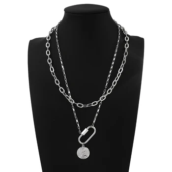AENSOA 2021 Moda Multistrat de Blocare Monedă de Cristal Pandantiv Colier pentru Femei mai Multe Argintiu Grosime Lanț Cravată Coliere