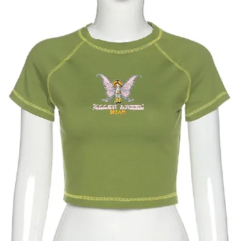 Top Femei t-shirt de vară fluture litere de culoare solidă cu mânecă scurtă sus harajukuv gât rotund print decupate femeie tricouri 39