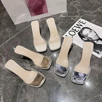 Vara Papuci De Femei Pantofi De Moda Pantofi Pentru Femeie Pantofi Cu Tocuri Inalte Sexy Peep Toe Clar Transparent Pătrat Slide-Uri De Femei Pantofi