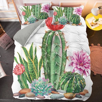 Decor acasă Cactus Cu Flori de Regina Set de lenjerie de Pat Plante Verzi Acoperi Plapuma si fata de Perna Pat King-Size Seturi
