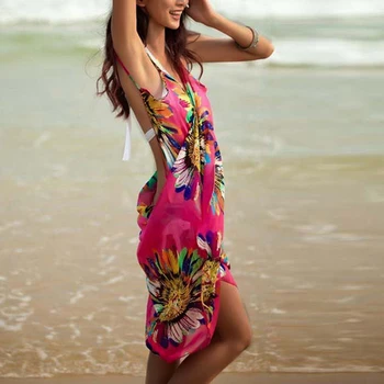 Rochie Boem 2021 Femei De Vara Rochie De Plaja Bikini Floare De Imprimare De Acoperire Up, Costume De Baie Tunica Sexy V-Gât Adânc Halat De Uzură Plajă