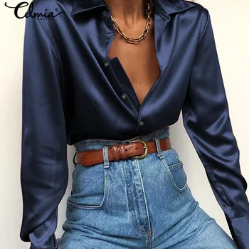 2021 Moda Satin Slik Tricouri Celmia Primăvară Maneca Lunga Femei Bluza Rever Birou Solid Blusas Elegant Butoane Tunica Topuri