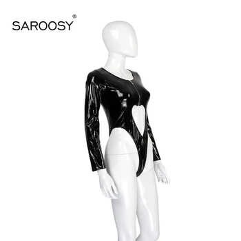 SAROOSY 2018 Nou Sexy Faux din Piele de Înaltă Elastic Body pentru Femei Mâneci Lungi High Cut Clubwear Place Forma Fermoar Detaliu