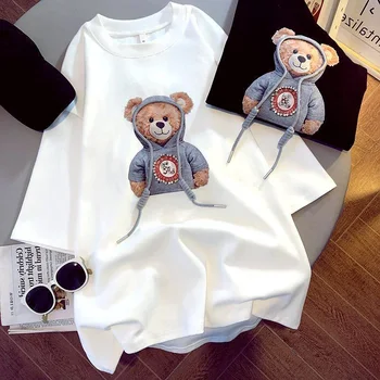 Vara Femei Stras Bumbac 3D Drăguț Urs de Imprimare Harajuku Tee Shirt Short Sleeve Crewneck Amuzant Casual Pulover coreea Topuri
